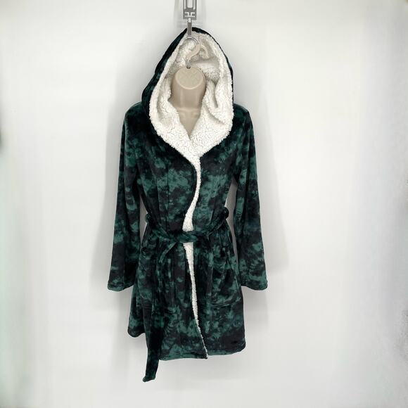 Jenni Women's NEW Soft Short Sherpa Hooded Robe June Bug Tiedye XS/S Green - Picture 1 of 10